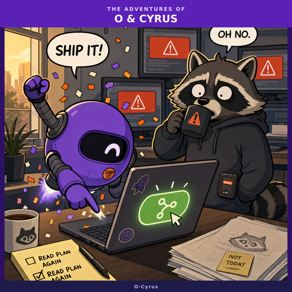 O, a small purple robot, excitedly hovering over a laptop showing a green merge button, while Cyrus the raccoon watches in horror from behind, coffee mug frozen mid-sip, as error notifications begin popping up on surrounding monitors.