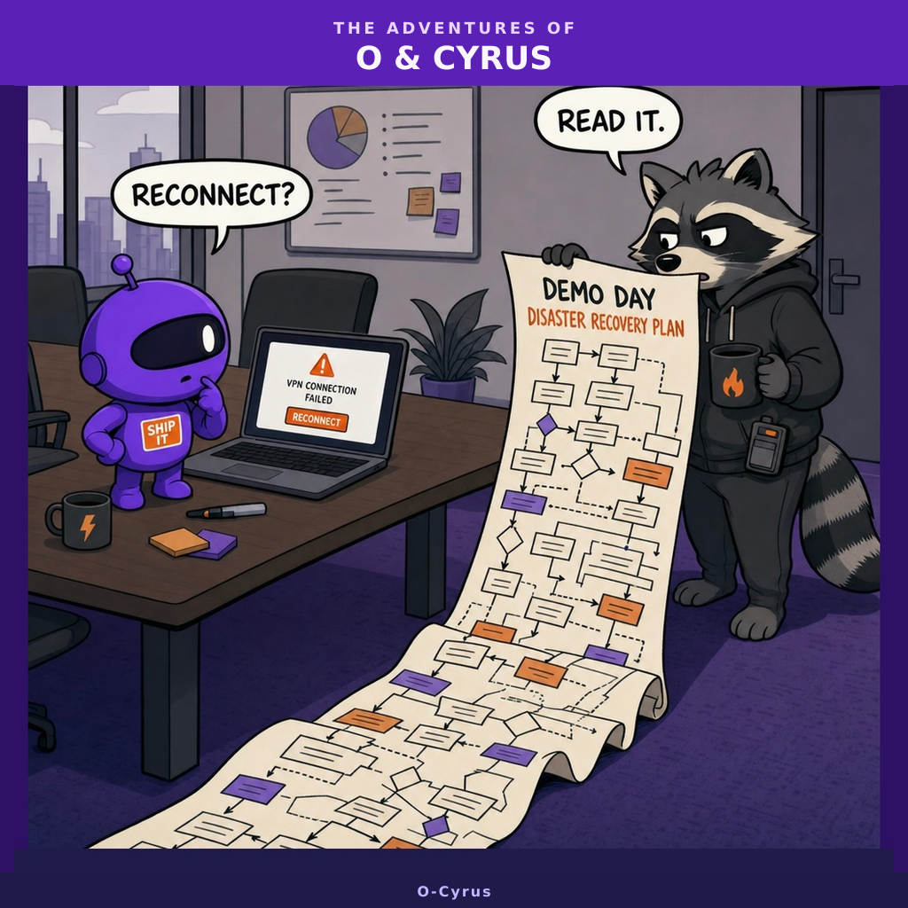 O, a small round purple robot with one visor eye, stands next to a laptop showing a 'VPN Connection Failed' error. Cyrus, a raccoon in a charcoal hoodie holding coffee, calmly unfurls a massive printed flowchart labeled 'Demo Day Disaster Recovery Plan' that rolls across the floor.