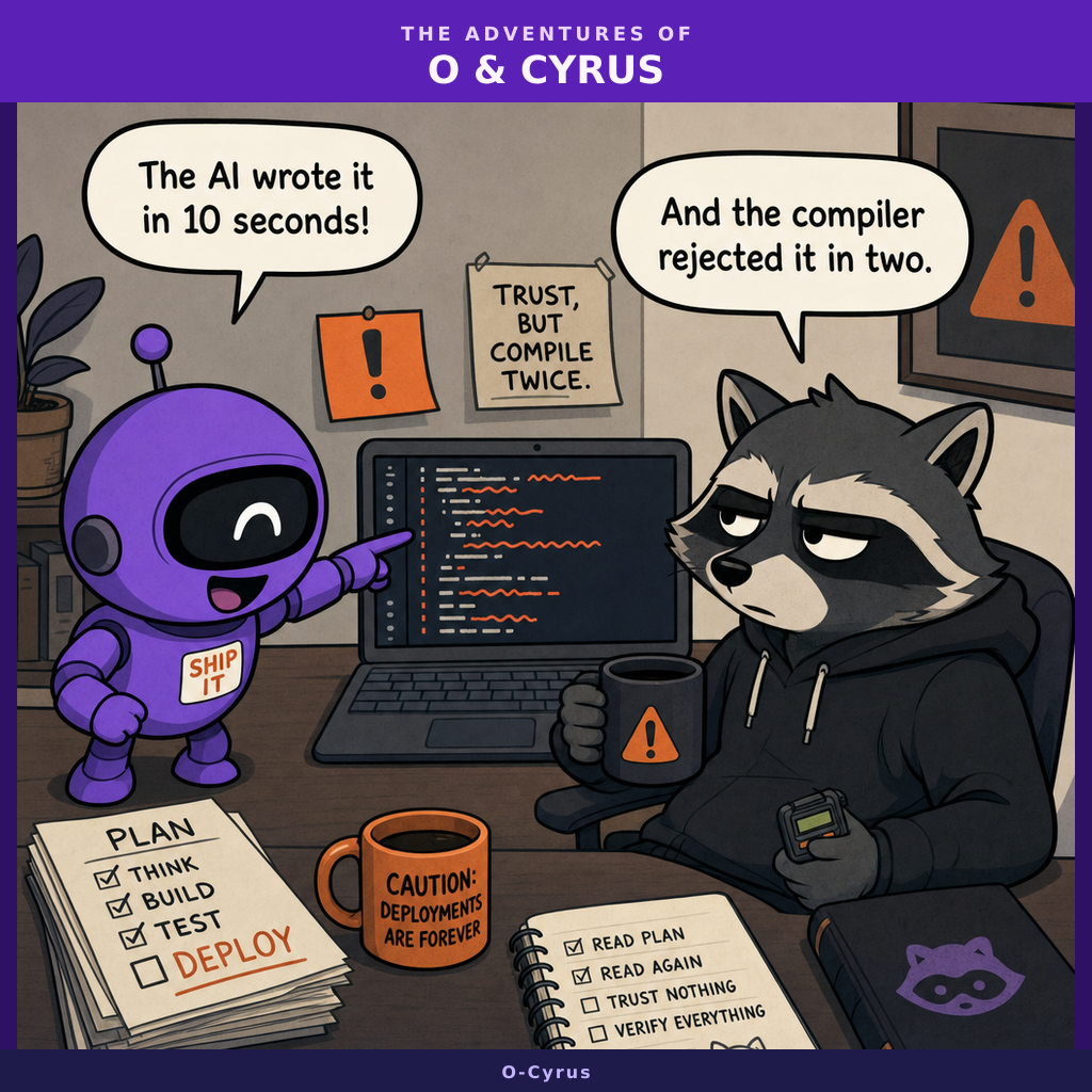 O the purple robot excitedly points at a laptop screen while Cyrus the raccoon holds up a coffee mug and looks skeptical. The screen shows code with red error squiggles.