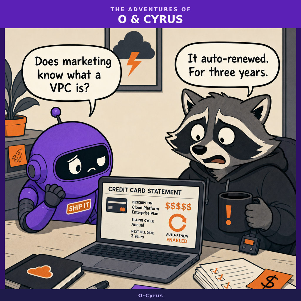 O, a small purple robot, and Cyrus, a raccoon in a hoodie holding coffee, stare at a laptop screen showing a credit card statement with a large Postgres hosting charge.