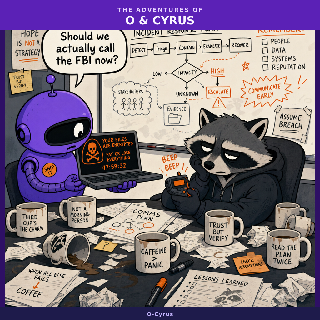 O the purple robot and Cyrus the raccoon sit at a conference table covered in papers and empty coffee cups. O holds a laptop showing a ransomware note while Cyrus clutches his pager looking exhausted. A whiteboard behind them shows an elaborate incident response flowchart.