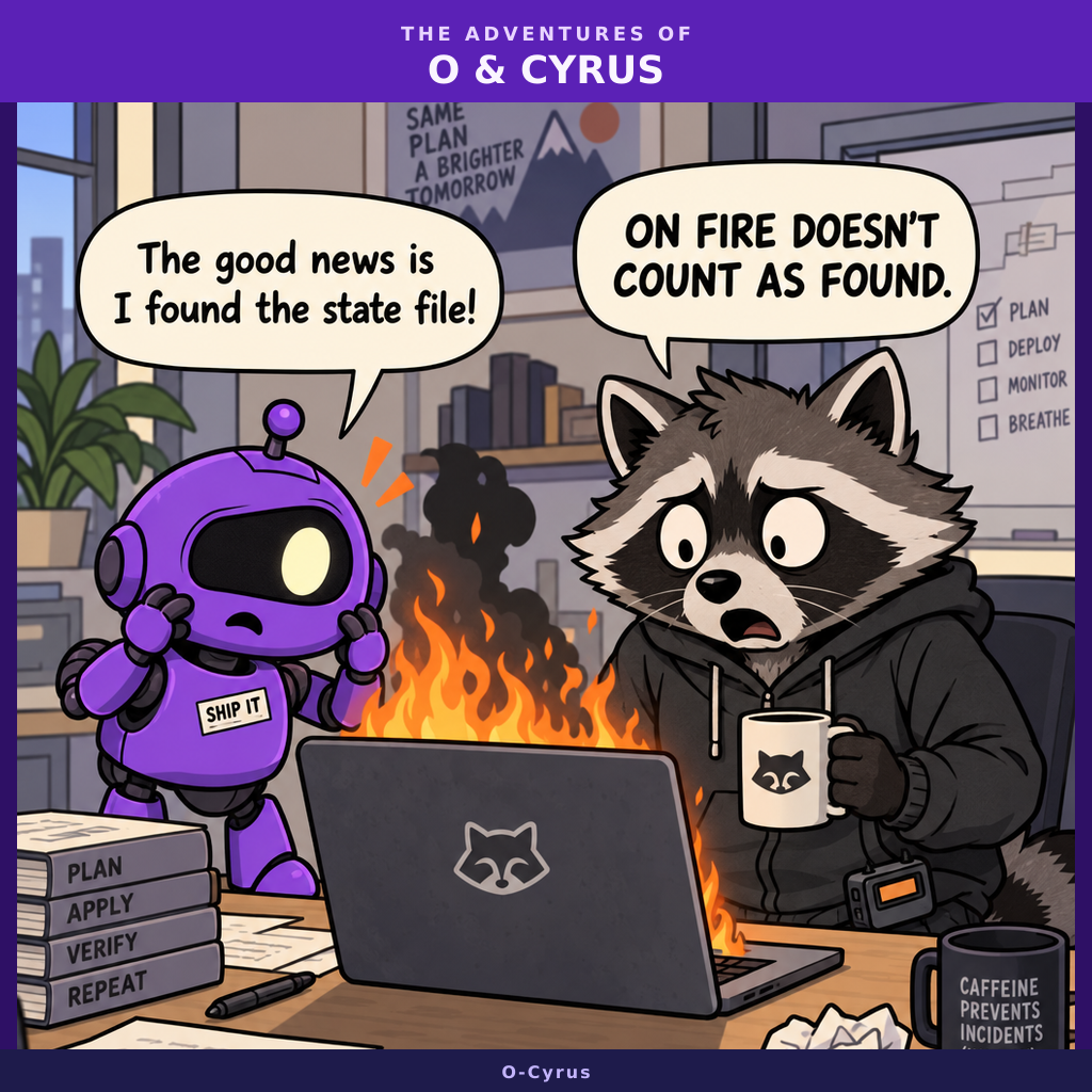 O, a small purple robot, stands nervously next to a flaming laptop on a desk while Cyrus the raccoon in a hoodie holds his coffee mug and stares in horror at the screen.