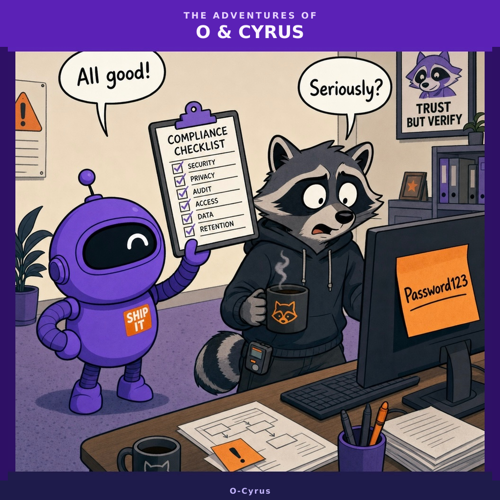 O, a small round purple robot, holds up a clipboard cheerfully while Cyrus, a raccoon in a hoodie holding coffee, stares in horror at a sticky note on a monitor displaying 'Password123'