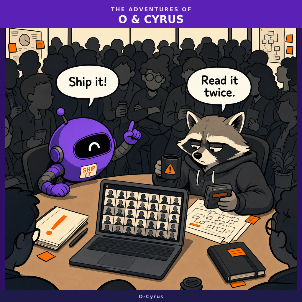 Cyrus the raccoon and O the purple robot sit at a conference table surrounded by an overwhelming crowd of silhouetted figures. Both look at a laptop screen showing a massive video call grid.