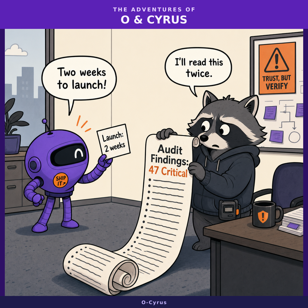 O the purple robot holds a small paper labeled 'Launch: 2 weeks' while Cyrus the raccoon holds up a very long scroll of paper that unrolls down to the floor, labeled 'Audit Findings: 47 Critical'