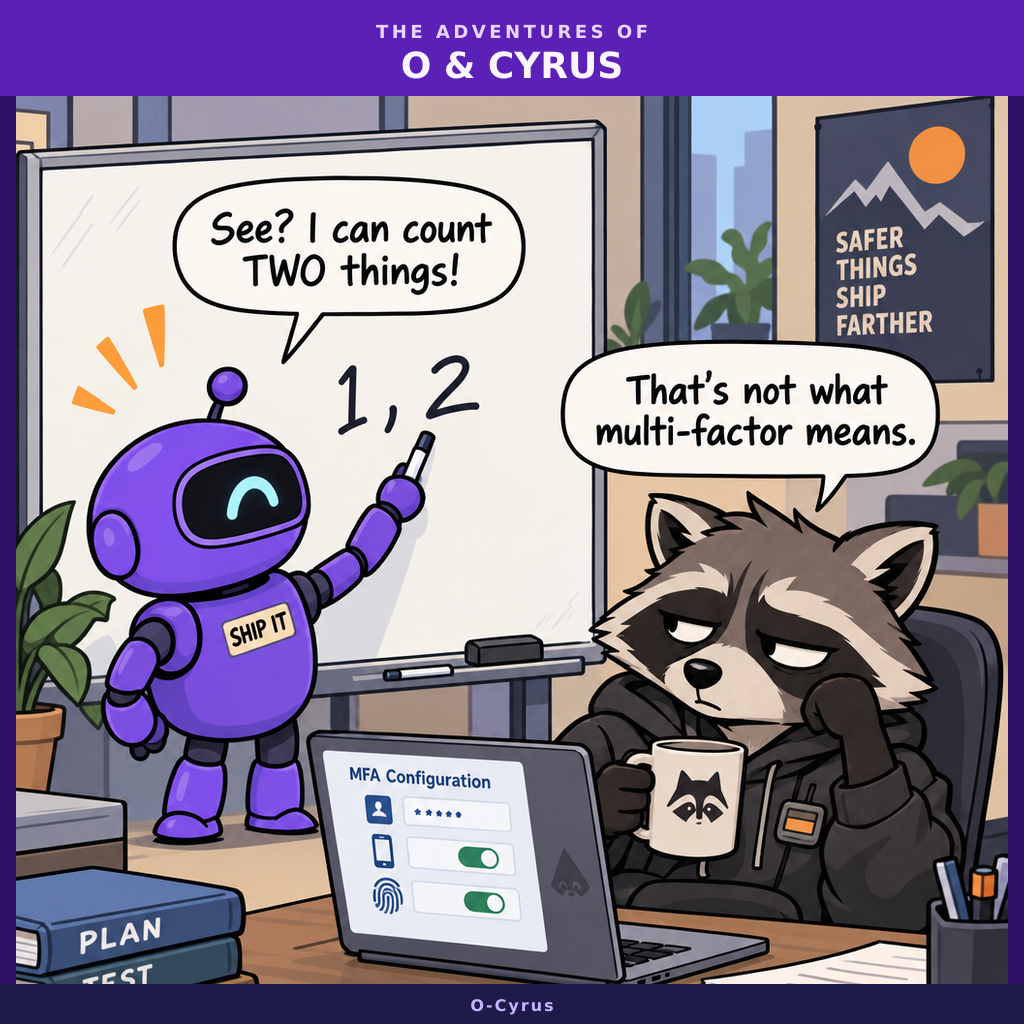 O, a small round purple robot with one visor eye, gestures enthusiastically at a whiteboard showing '1, 2' while Cyrus, a compact raccoon in a charcoal hoodie holding a coffee mug, looks exasperated next to a laptop displaying an MFA setup screen.