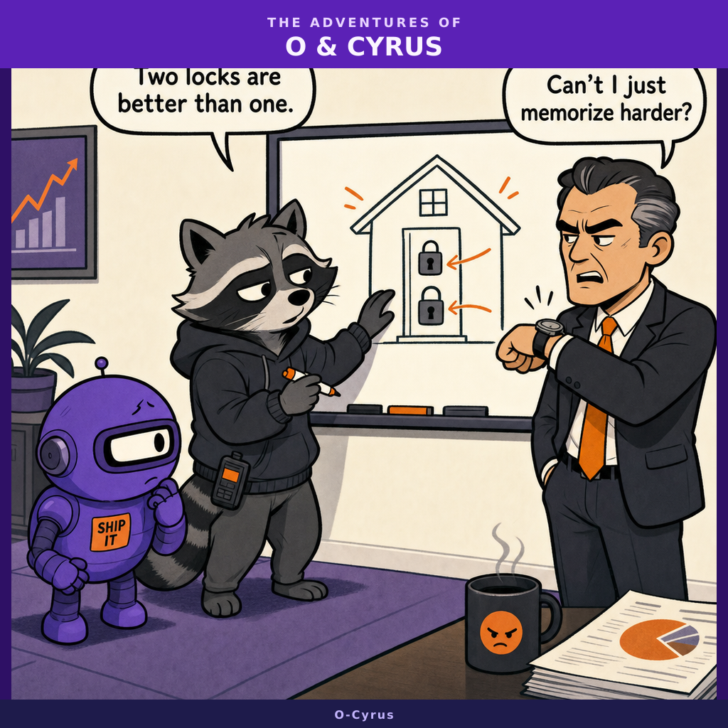 Cyrus the raccoon in a hoodie gestures at a whiteboard showing a house with two locks on the door, while an impatient executive in a suit checks their watch. O the small purple robot watches from the side.