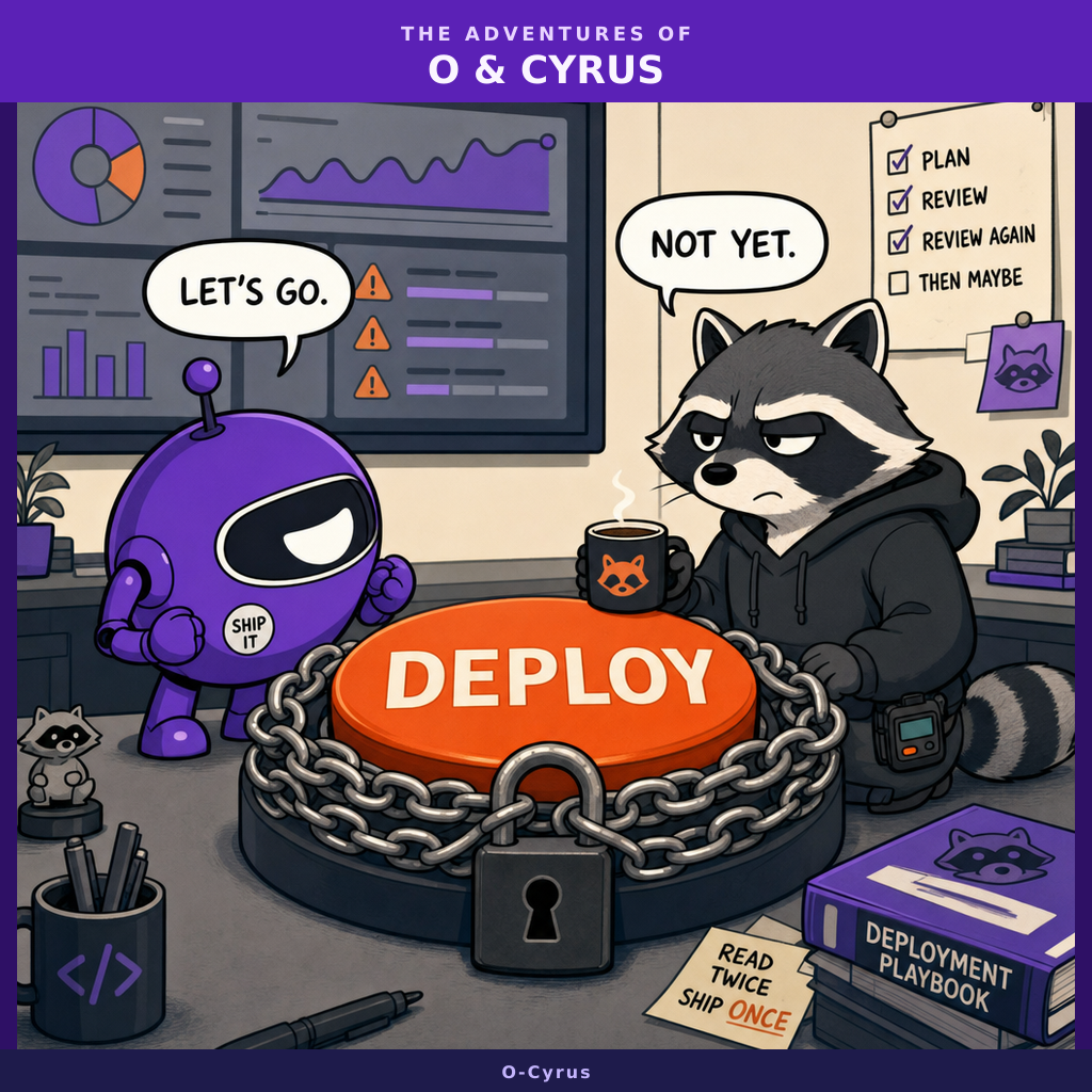 O, a small purple round robot with one visor eye, stands eagerly next to a large Deploy button. Cyrus, a compact raccoon in a charcoal hoodie holding a coffee mug, has placed a physical chain and padlock around the button. Both stare at each other across the locked button.